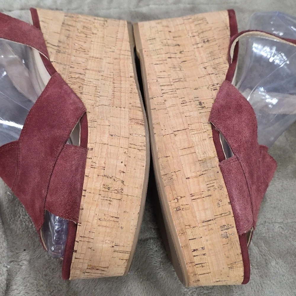 Nine West Women's Platform Sandals Burgundy Leather Ankle Straps Cork Look Sz 10